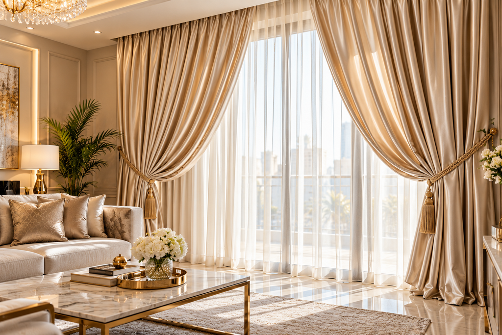 Explore elegant silk curtain styling ideas for modern homes and interiors in Sharjah. Discover how champagne-toned silk curtains and sheer panels can enhance natural light, privacy, and interior elegance with inspiration from Al Takrim.